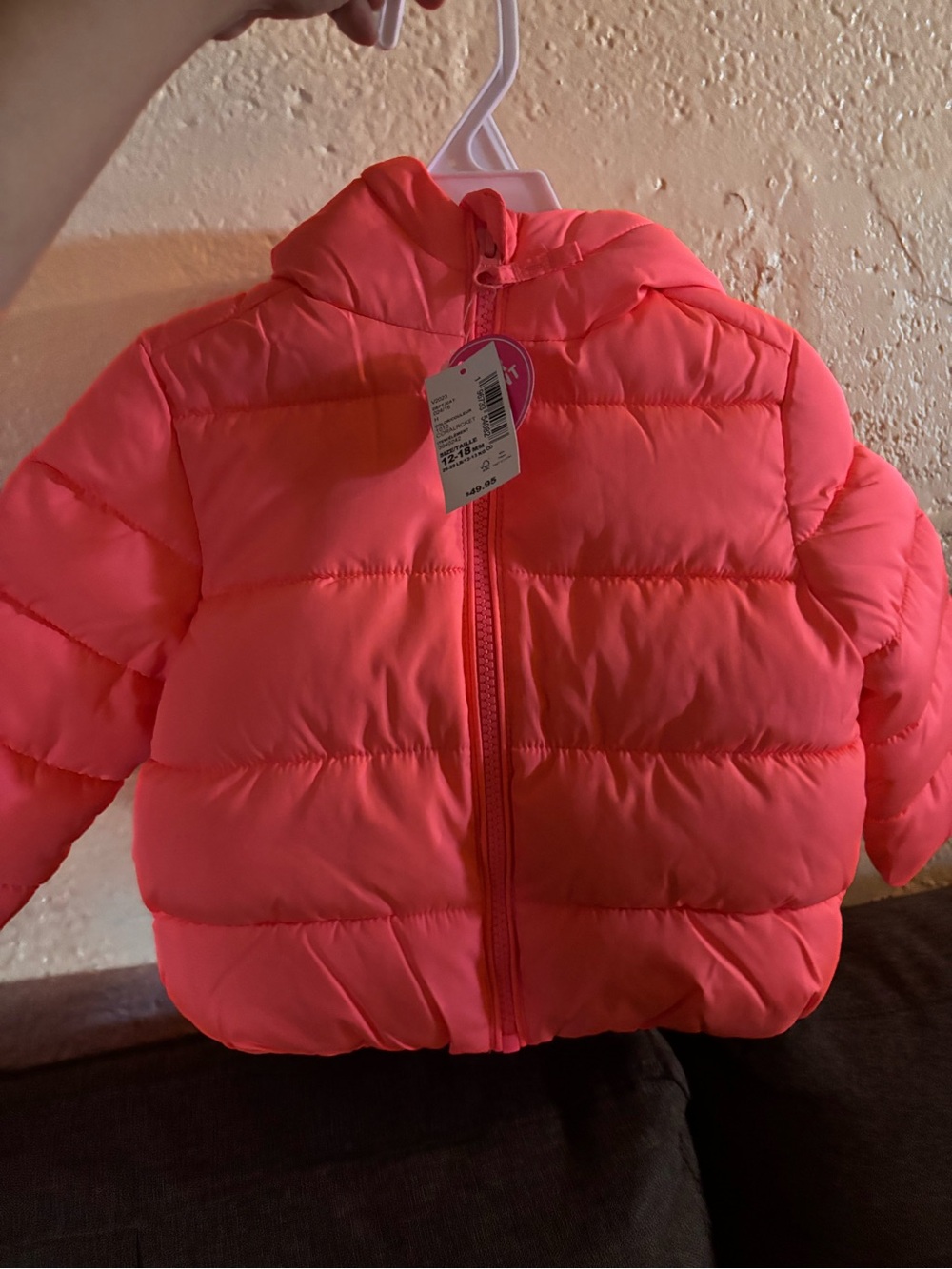 12-18 MONTHS GIRL Neon Pink Puffer Jacket - Lightweight Hooded Coat